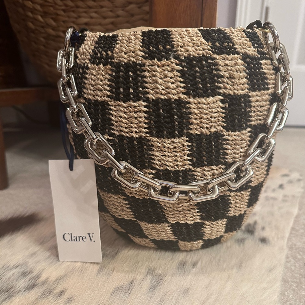 Clare V. Woven Black and Tan Bag with Silver Chain
